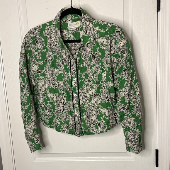 C&C California Tops - C&C California Green and Cream Floral Button Down 100% Linen Shirt